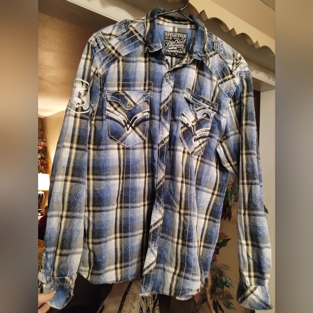 Blue and White Plaid Affliction Button-Up Shirt